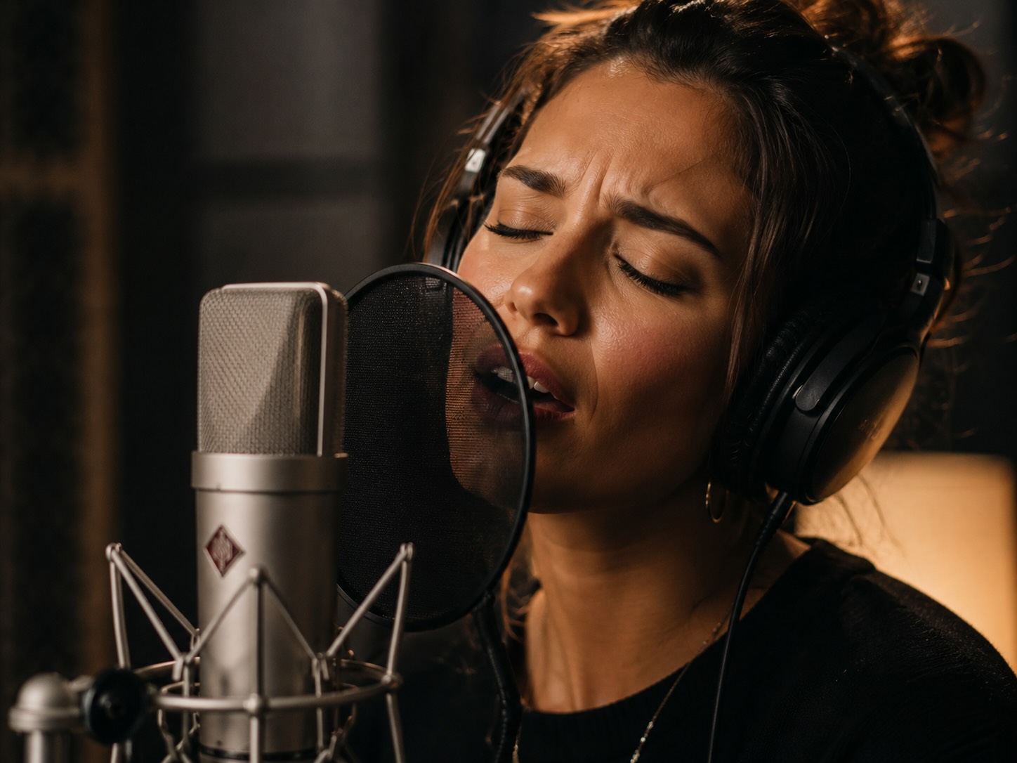 Chanteuse en studio d'enregistrement avec micro Neumann
