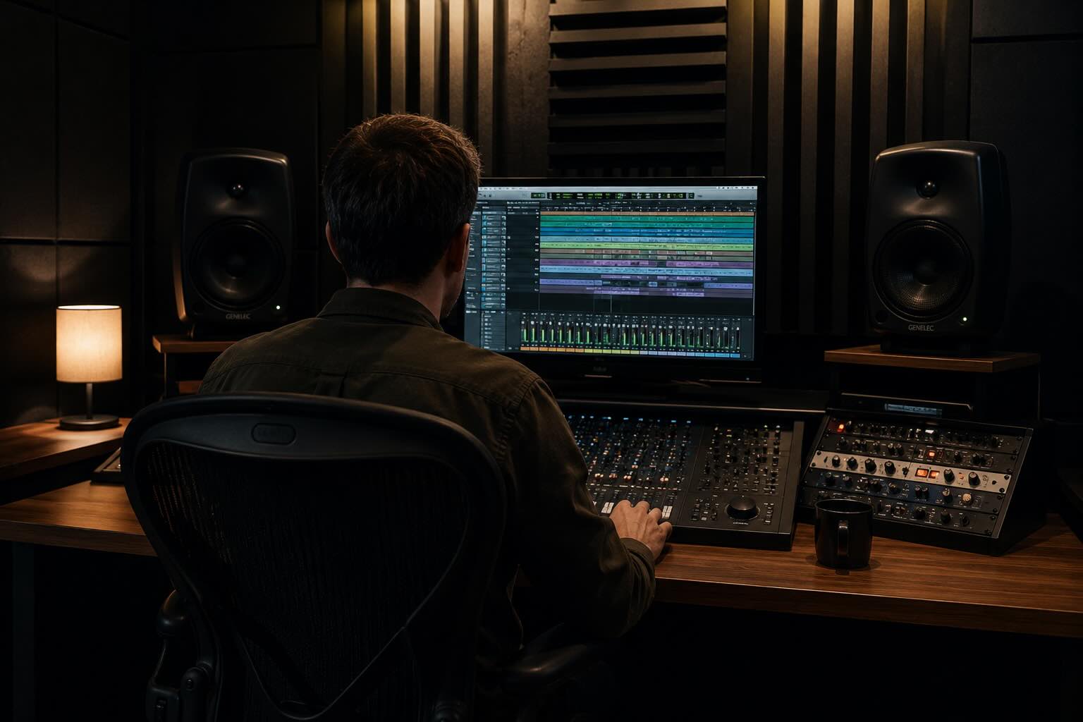 Station de post-production avec console et moniteurs Genelec