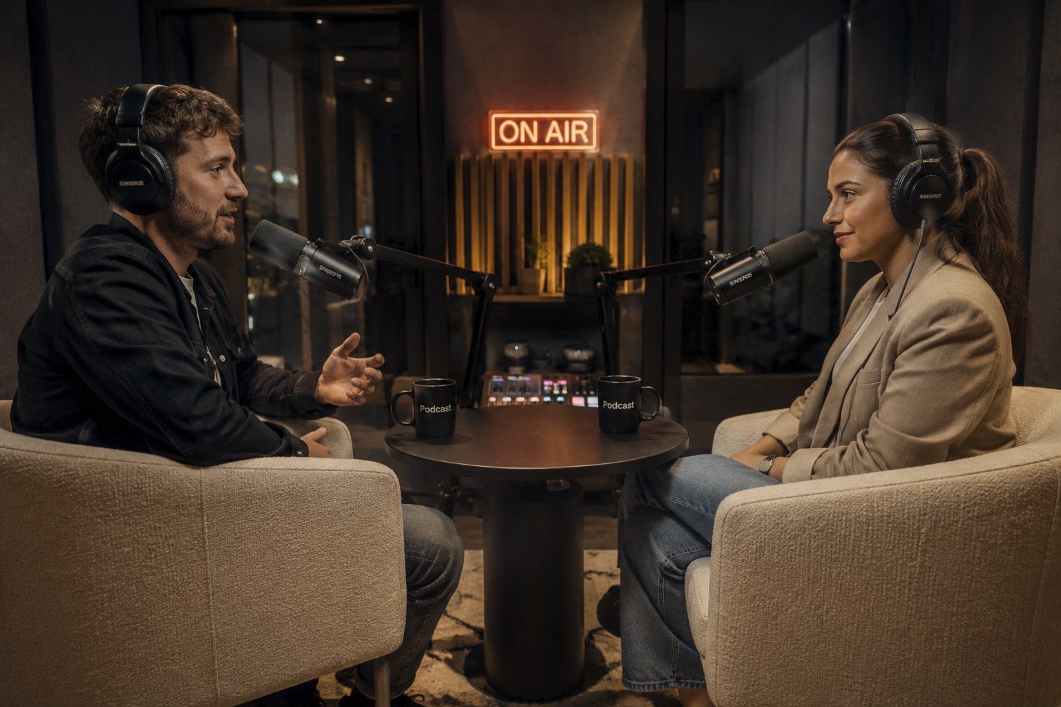 Studio podcast avec deux interviewés et micros Shure