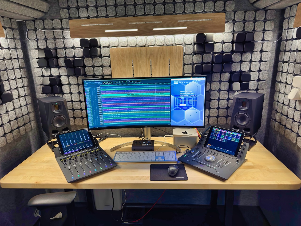Cabine Studiobricks dans le showroom D.I.D. Technology - monteur audio au travail vu depuis l'extérieur