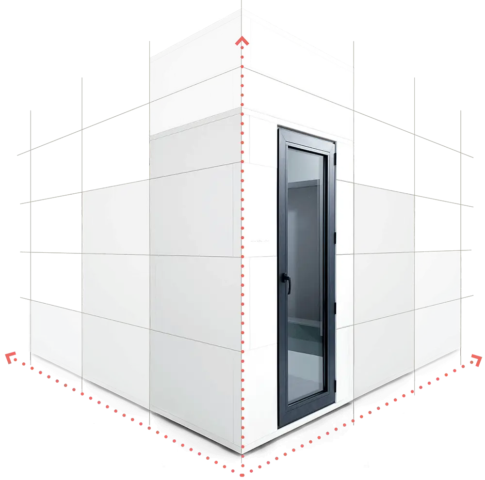 Vue extérieure d'une cabine Studiobricks sur mesure avec indicateurs de dimensions